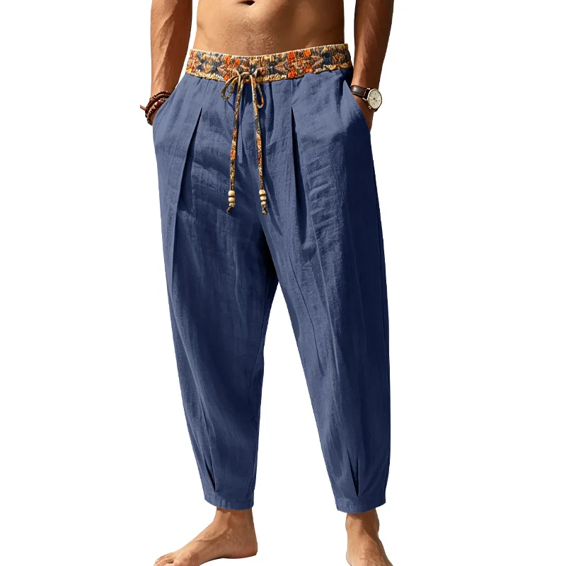 Four Seasons Floral Waist Linen Nine-Point Pants, European Size Men's Loose Drape Tied Feet Harlan Casual Radish Pants