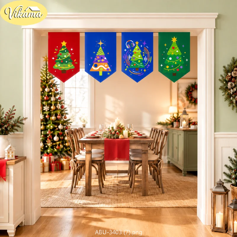 VIKAMA Christmas Colorful Music Pine Pennant Flag Set Headphone Scarlet Blue Emerald Doorway Hanging Kitchen Dining Entryway
