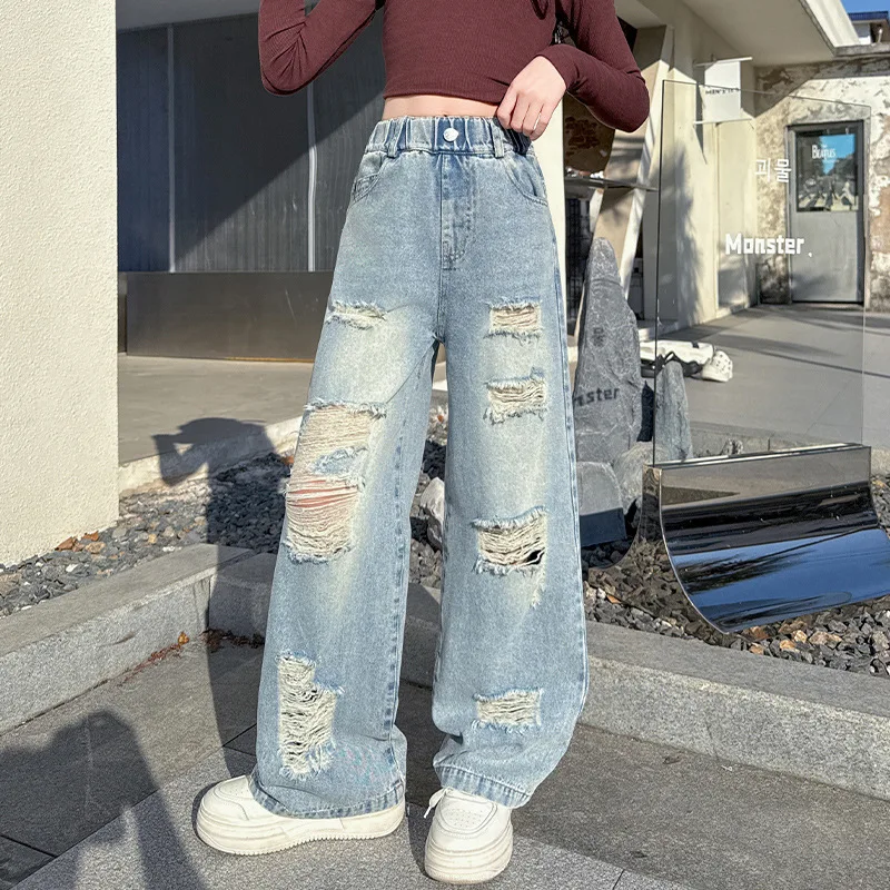 

Детские рваные джинсы, брюки, детские рваные джинсы в стиле ретро для девочек-подростков, модные уличные крутые рваные джинсовые широкие брюки с большими отверстиями
