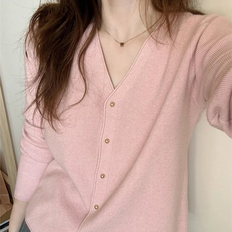 

Chic V-Neck Long Sleeve Cardigan Women Single Breasted Knitted Cardigan for Woman Autumn Loose Soft Solid Color Sweater Mujer