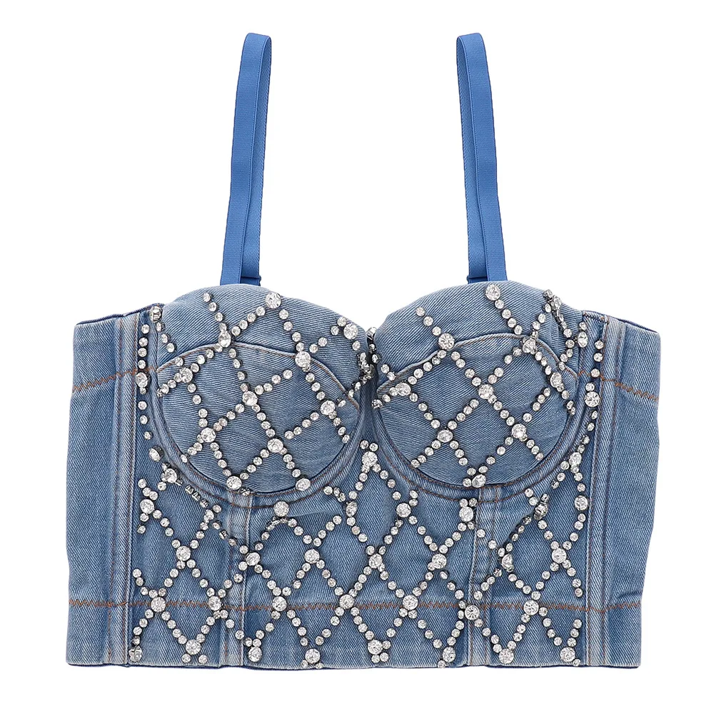 Denim Halter Neckline Beaded Strapless Top For Women Nightclub Hottie Elastic Design Niche Top Slimming Back-Baring Fitted Vest