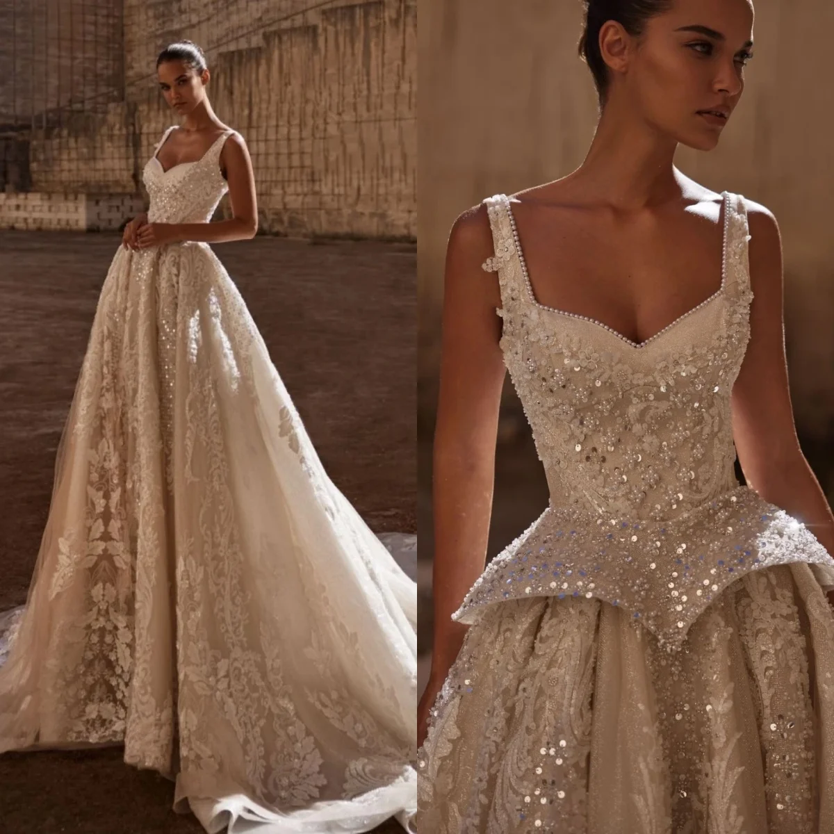 

Classic A Line Women Wedding Dress V Neck Sleeveless Bridal Gowns Sequins Pearls Appliques Sweep Train Dress Custom Made