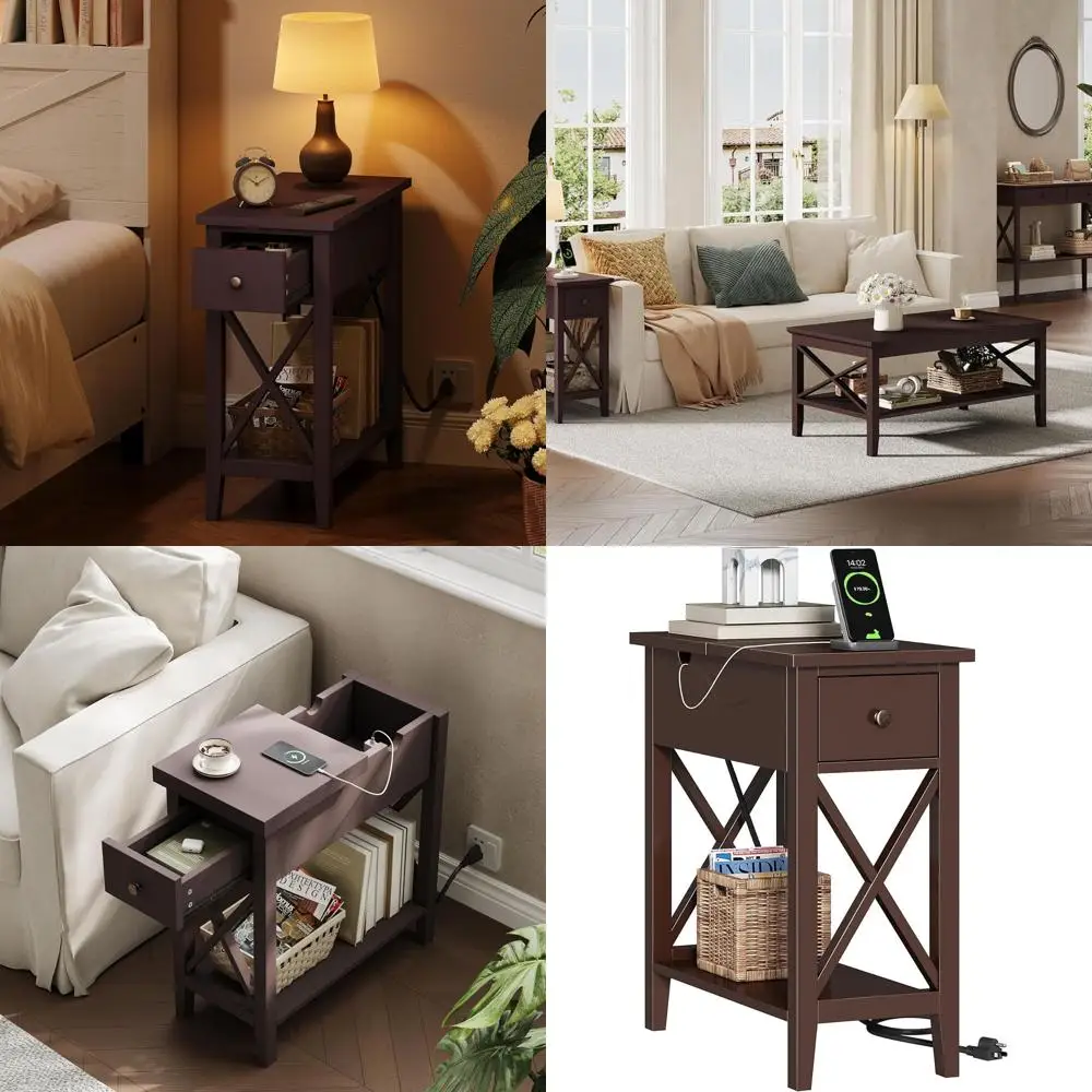 

Compact Espresso Bedside Table with USB & Outlet, Ideal for Small Spaces, Living Room End Table