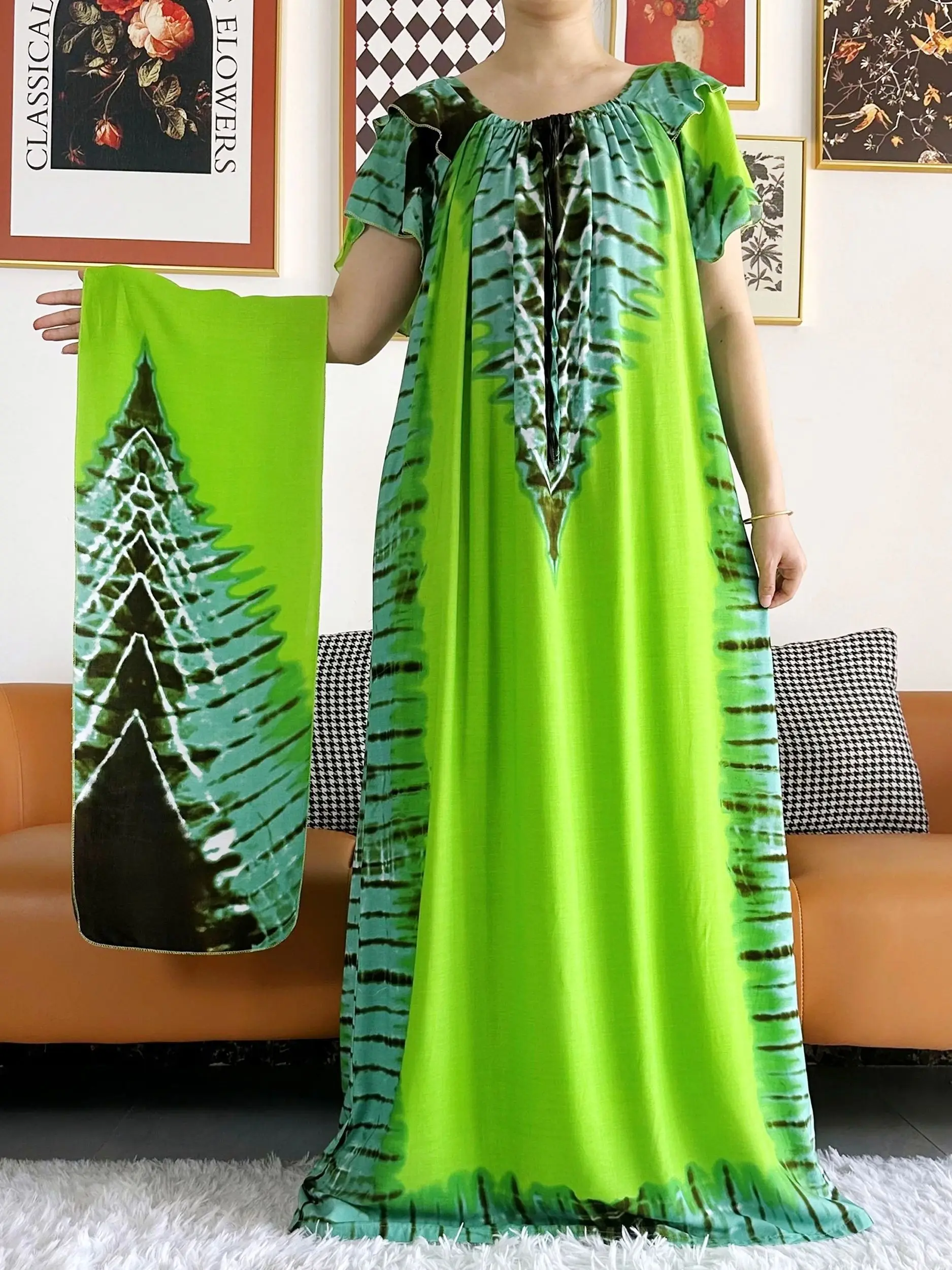 Abaya for Women African Lady Short Sleeve Loose Dress Solid Cotton Boat-Neck Floral Boubou Maxi Islam Women African Clothes