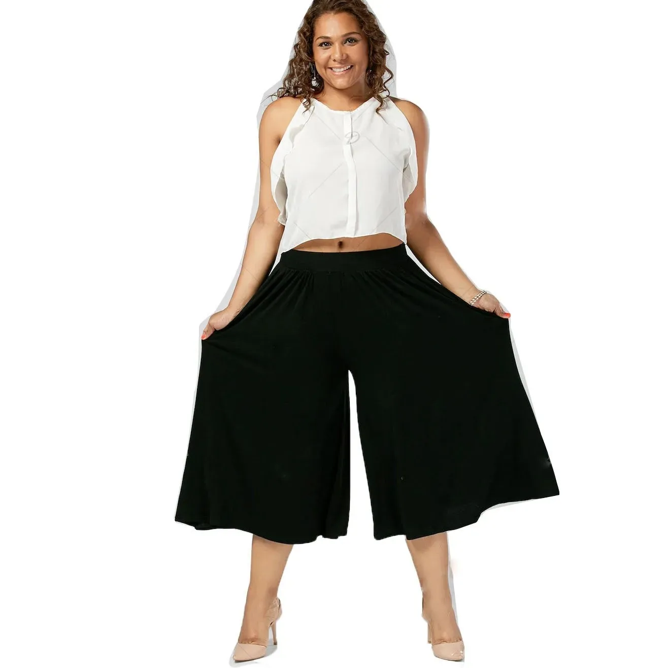 ผู้หญิงขากว้าง Culottes เปิดแฟ้มกางเกงฤดูร้อนบางเอวสูงหลวมสบายๆหลวมเก้าจุดกางเกงขนาดใหญ่