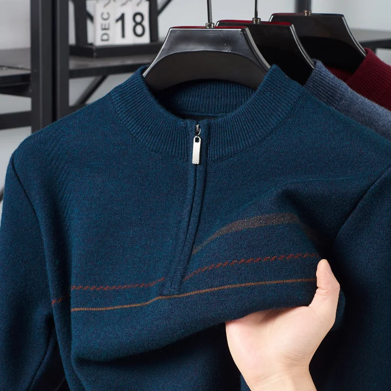 เสื้อสเวตเตอร์คอเต่าครึ่งตัว ซิปครึ่งตัว ผ้าไม่เป็นขุย สำหรับผู้ชายวัยกลางคน สไตล์ลำลอง อุ่นสบาย ถักหนา ใส่เป็นเสื้อซับในได้ เหมาะสำหรับฤดูใบไม้ร่วงและฤดูหนาว