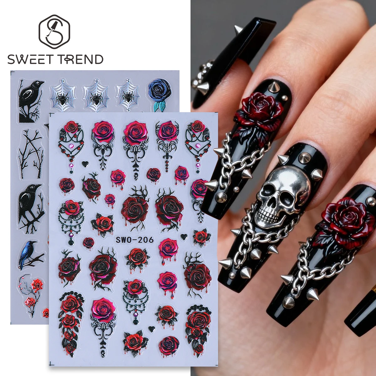 2pcs Black Gothic Thorns Rose Matte Nail Decals Punk Vine Chain Skull Bird Spider Web Element Stickers Party Trend Manicure Tips