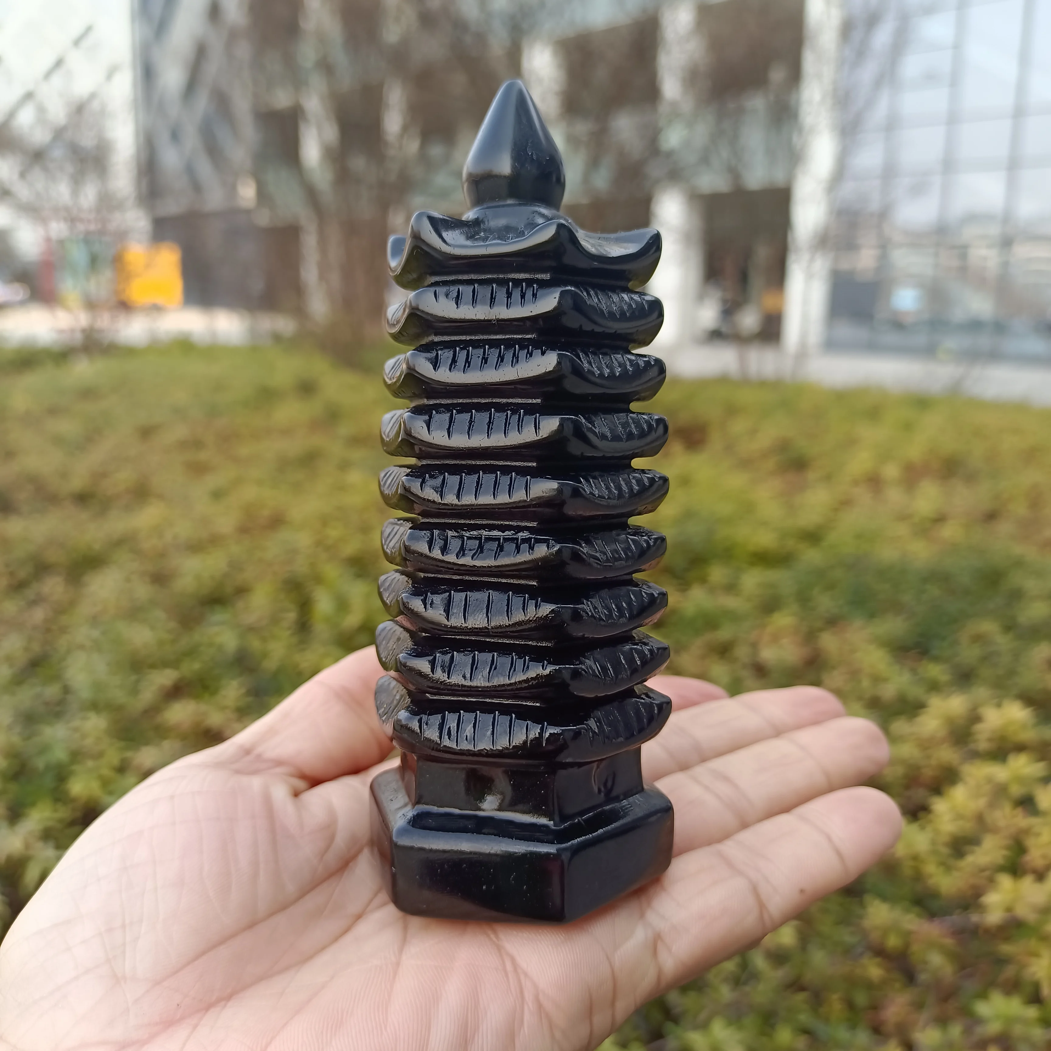 Natural Obsidian Wenchang Tower,Quartz Crystal Obsidian Carved Pagoda,Mineral Reiki Healing Stone,Meditation Feng Shui Decor