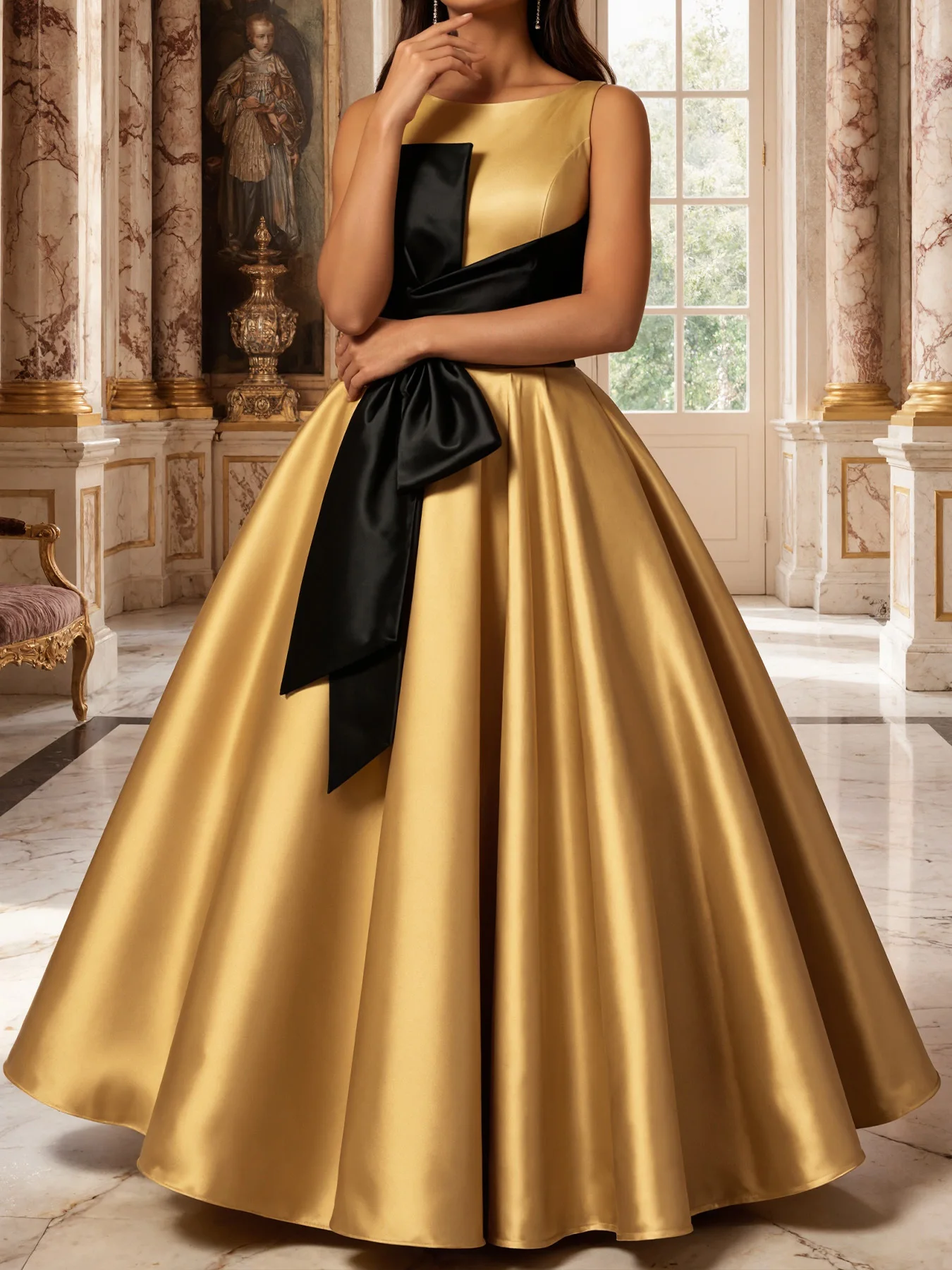 Women Plus Size Satin Ball Dress Sleeveless Round Neck Maxi Dress with Big Bow Waist A Line Formal Evening Wedding Party Dress view 2