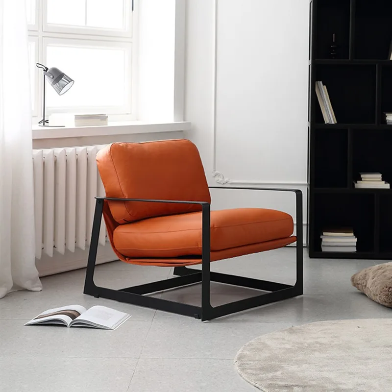 

Single Italian Lounges Armchair Bedroom Chair Leather Living Room Sofa Designer Model Lazy Minimalist Wrought Iron Furniture