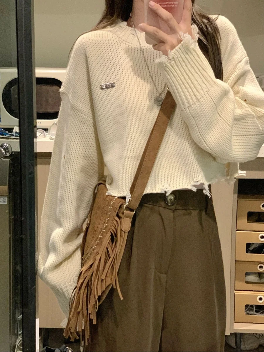 

Женский вязаный свитер Spicy ort Sve с отверстиями, осенняя новинка, верхняя одежда, свободный крой, с круглым вырезом, длинный рукав