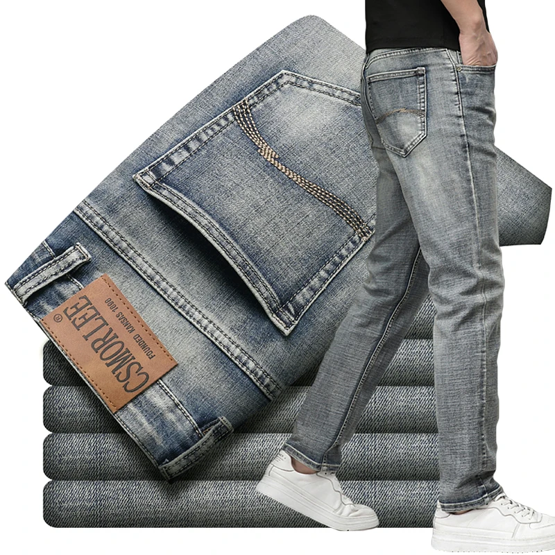

Новые весенние мужские джинсы прямого кроя: модные, облегающие, эластичные, винтажные, с эффектом потертости, повседневные рабочие брюки, мужская одежда