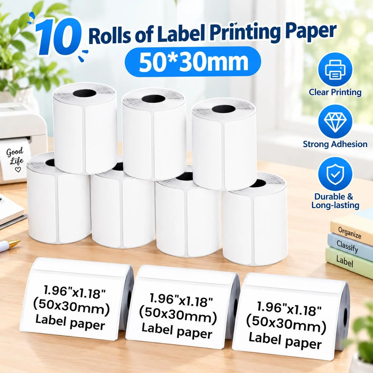 Pack of 5/10 rolls of white thermal labels, measuring 50mm x 30mm; self-adhesive thermal paper labels. Compatible with M220, M200, M120, M221, M110, M150, and P50 series label printers. These versatile white thermal labels are suitable for use at home, sc