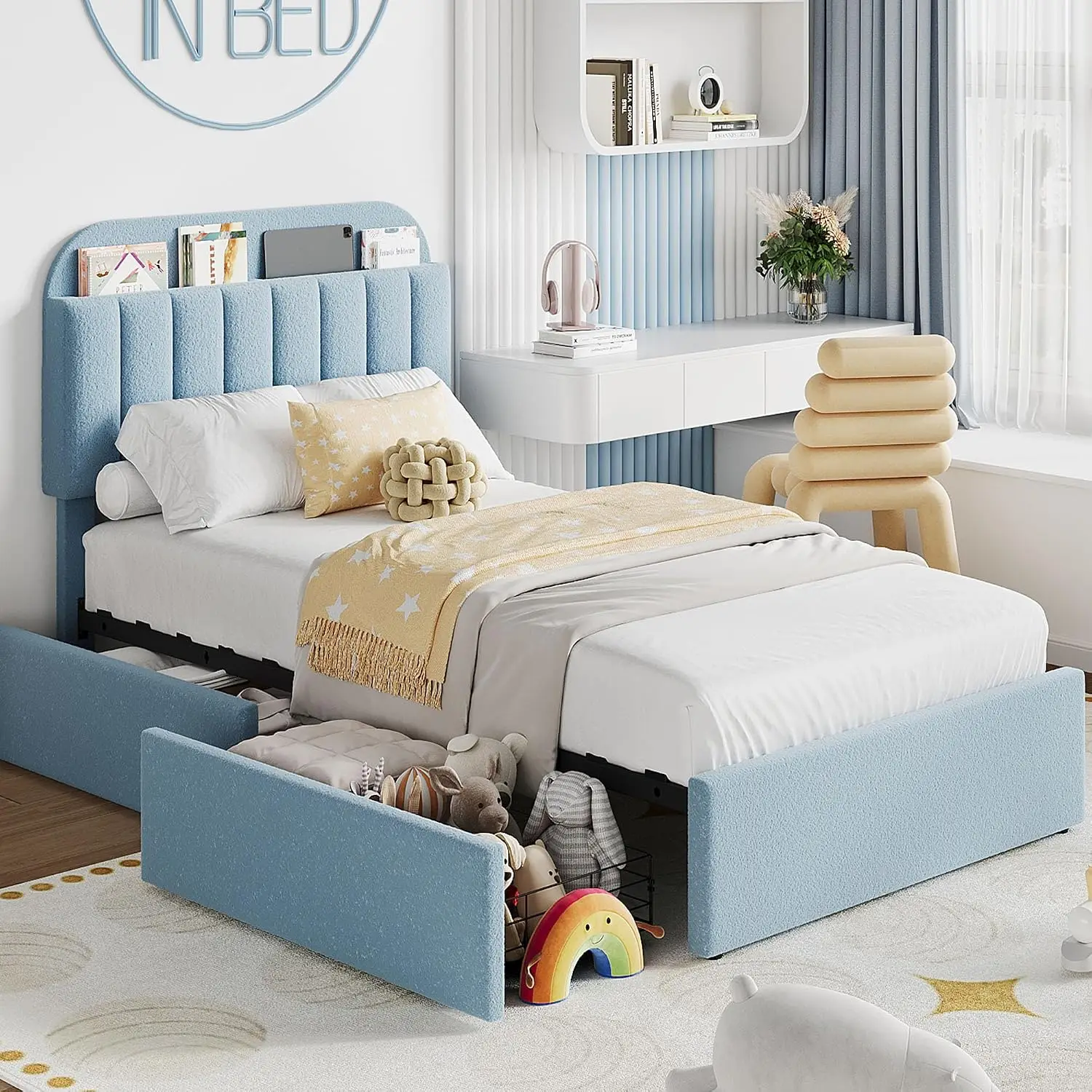 Twin Size Bed Frame Headboard Drawers Upholstered Boucle Platform Kids Bed Flexible Storage Easy Assembly No Box Spring Needed N