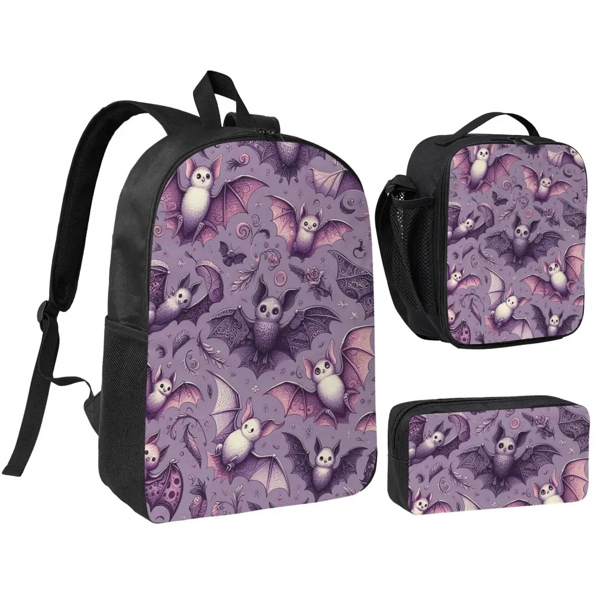 Cute Purple Bat Gothic Kawaii Pattern Backpack Boys Girls BookBag School Bag Shoulder Bags 3ps Insulated Lunch Bag Pencil Case