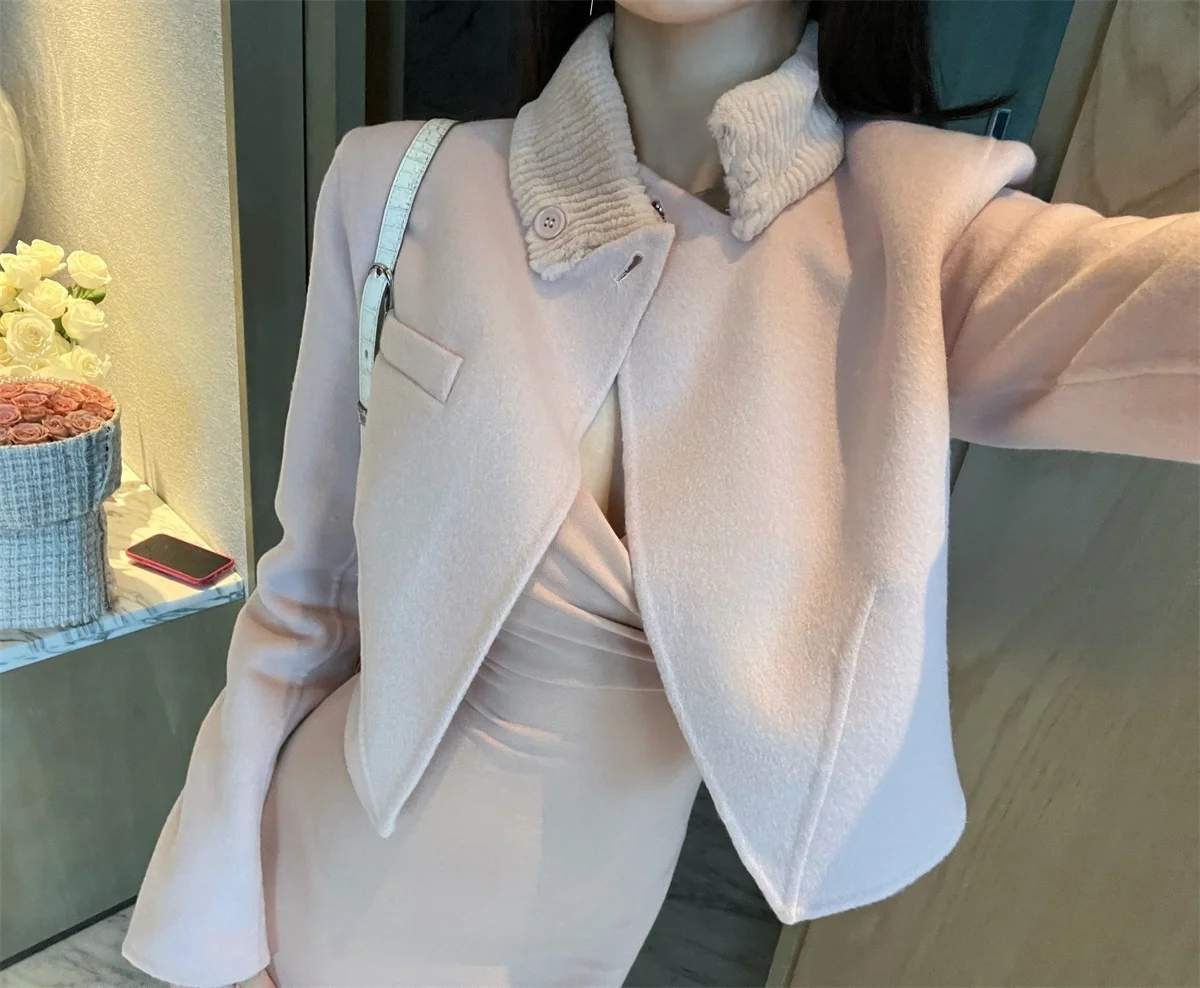 

Double-Faced Woolen Coat Pink Lotus High Waist Stand Collar Women's Faion Winter Jaet Pure Color Slim Fit Long Sve