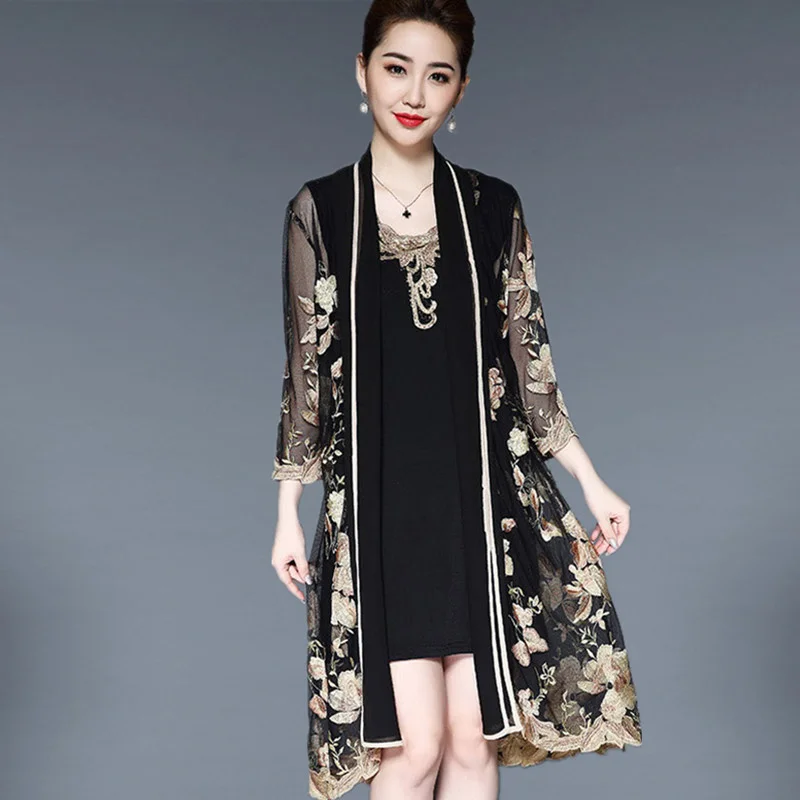 Vintage Floral Embroidery Middle Aged Women Elegant 2 Piece Sets Casual Vest Party Dresses With Cardigan  5XL