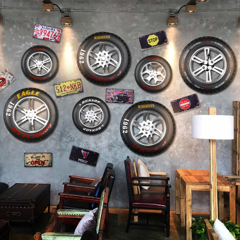 Retro nostalgic industrial style creative three-dimensional wrought iron tire decoration wall hanging bar Internet cafe