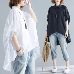 #2803 2023 Spring Long Asymmetrical Shirt Women Front Buttons Batwing Sleeve Cotton Black White Shirts Female Loose Lapel Collar