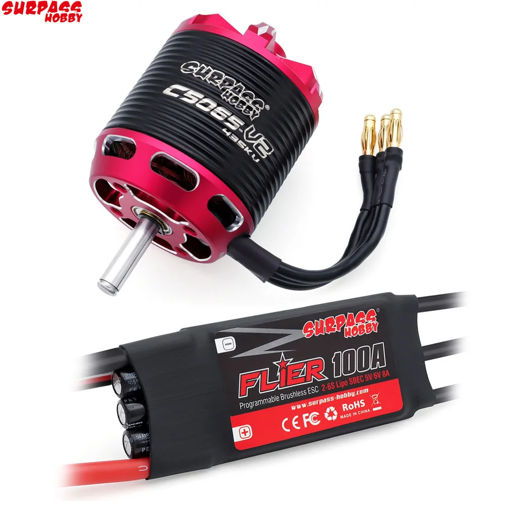 Surpass Hobby C5045 C5055 C5065 V2 Brushless Outrunner Motor 2-6S w/ 60A 80A 100A Brushless ESC For RC Aircraft Plane Multicopte