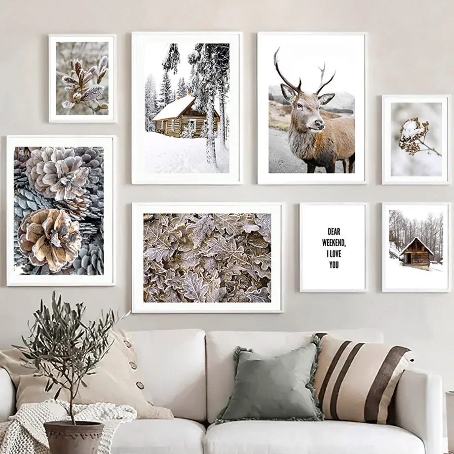 Winter Snow Deer Forest Leaves Pine Cone Cabin Nordic Posters And Prints Wall Art Canvas Painting Pictures For Living Room Decor