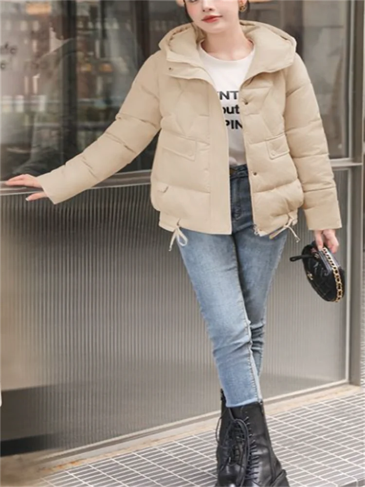 Short Cotton Coats Women Jacket Loose Hooded Jackets For Woman Outwear Pocket Lace Up Jackets Casual Zip Warm Jacket Female Coat