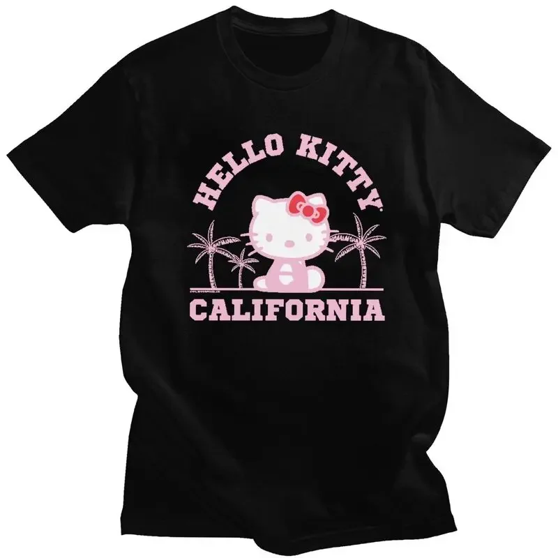 Classic Hello Kitty California Palm Trees T Shirts Men Short Sleeve T-shirts Graphic Tee Tops Pure Cotton Slim Fit Tshirt Gift