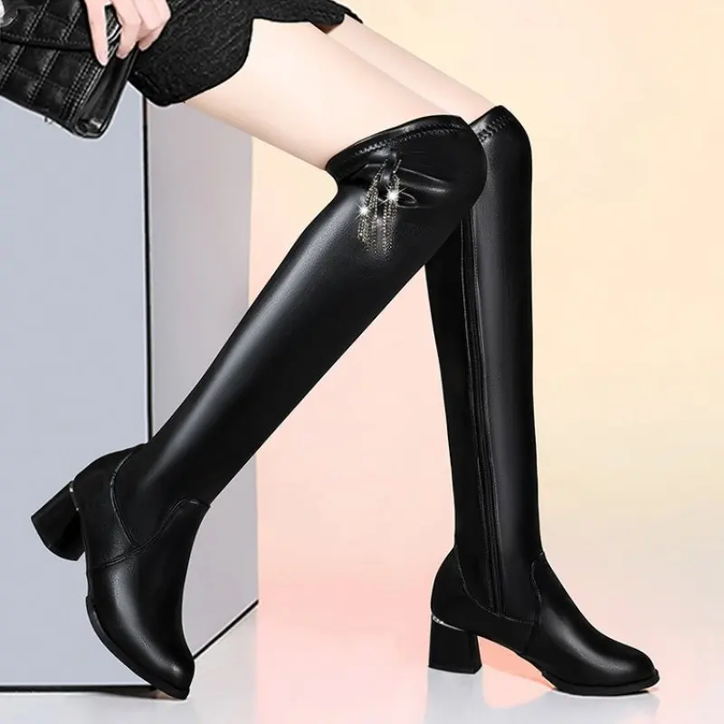 Women Soft Leather Elastic Boots Ladies Short Plush Long Boot Autumn Winter Thick Heels Over The Knee Boots Slip on Knight Botas