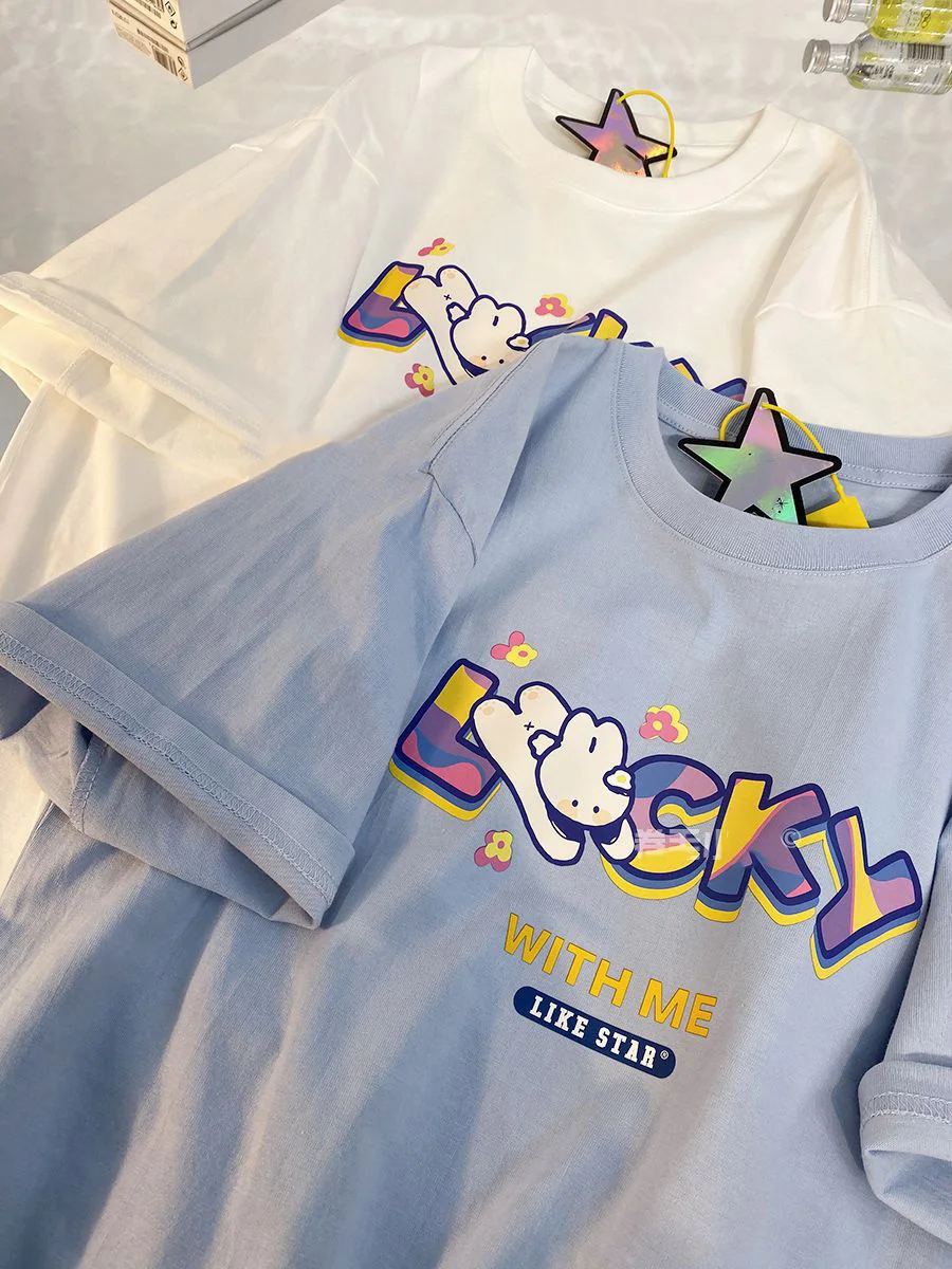 Lucky Rabbit Printing Tee 100 Cotton T Shirts For Women Kawaii Short Sleeve Cute T-shirt Loose Oversized Tshirt Girls
