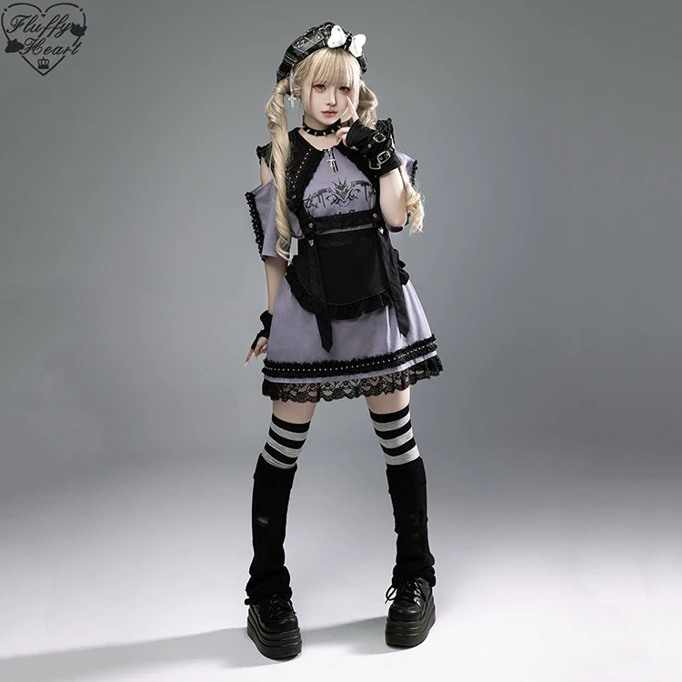 Japońska Kolekcja Gotycka Subkultura Lalka Kołnierz Krótki Rękaw Drukowana Koronka Łączenie Luźna Codzienna Długa Koszulka Damska Letnia Sukienka