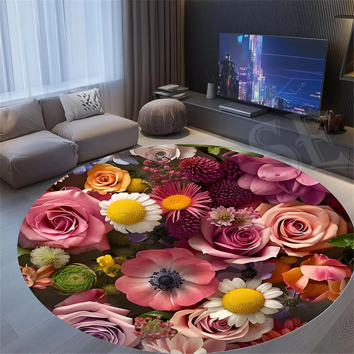 Romantic Style Circular Rug Rose Blossom Heart Print Round Carpet for Bedroom Living Room Valentine Decor Non-Slip Floor Mat