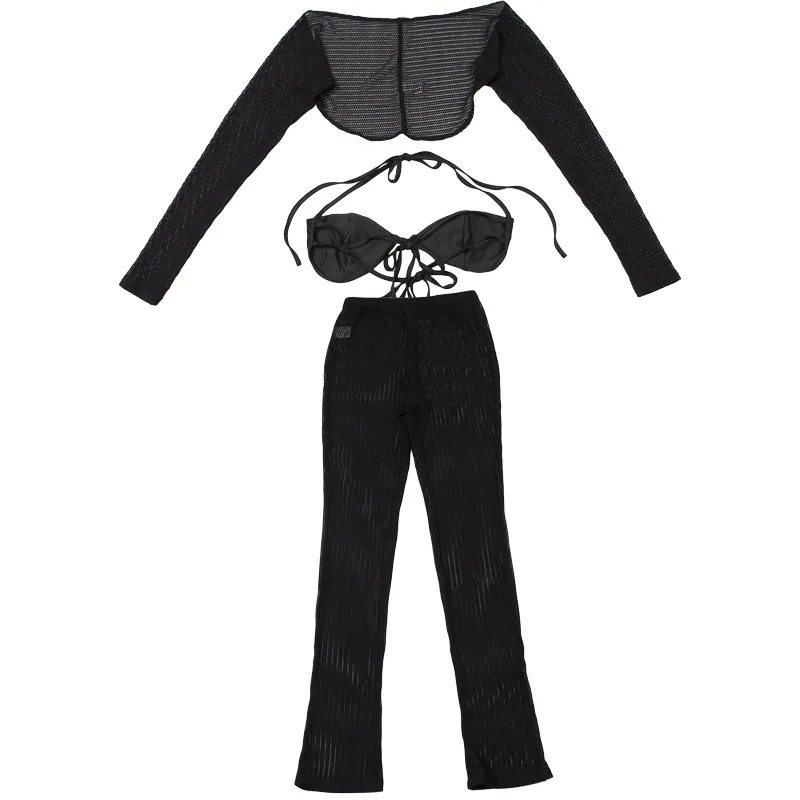 Women Sexy See Through Knitted 3 Piece Set Lace Up Bra + Long Sleeve Cape Crop Tops + Flare Pants Slim Y2K Streetwear Suits