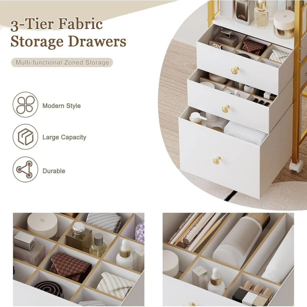 3-Drawer Makeup Organizer Cart with Jewelry Storage, Vanity Organizer for Skincare Perfume Brushes Hair Tools in Gold