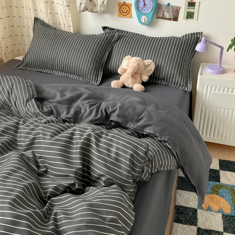 4PCS Grey Striped Bedding Set Modern White Pinstripe Duvet Cover Set with Pillowcases Soft Breathable Bed Linen for All Seasons