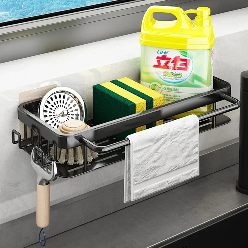 

Space Aluminum Kitchen Storage Rack Sink Drain Rack Sponge Organizer Hanging Soap Drainer Shelf Basket Bathroom Shampoo Shelves