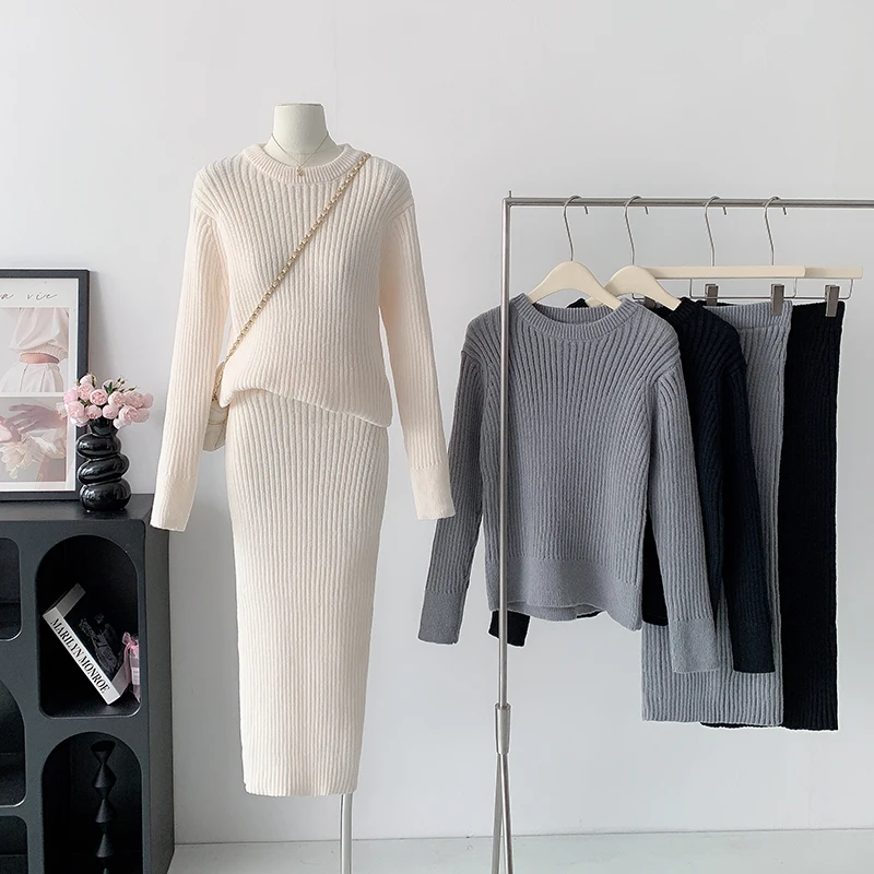 

Sweet Hot Girl Knitted Suit Women's Autumn Loose O-neck Sweater High Wrap Hip Long Skirt Two-piece Set Fashion Female Clothes