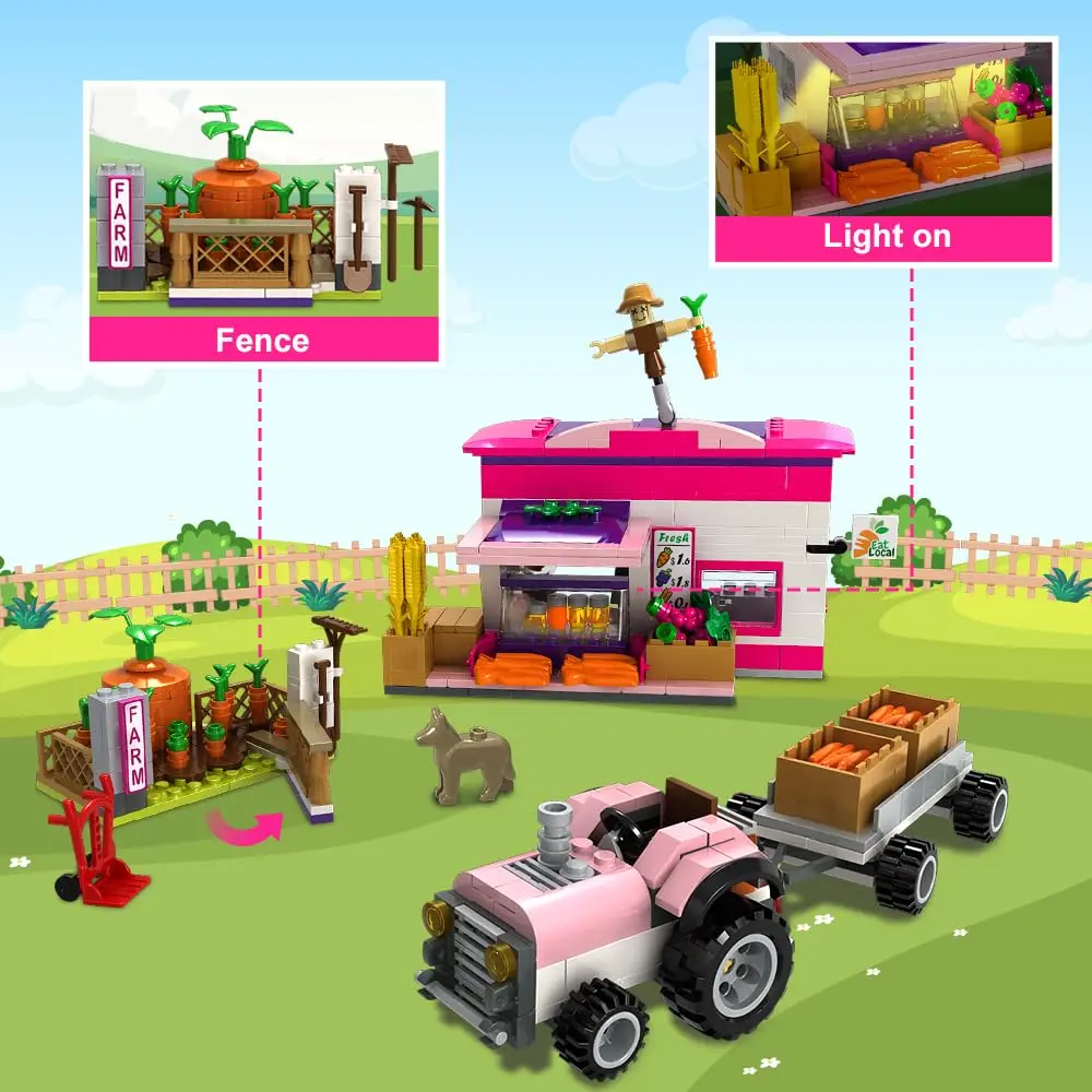 HOGOKIDS-juguetes de construcción de granja 3 en 1, camión de tren de mercado con LED, agrícola, con pegatinas, regalo de cumpleaños para niñas y niños, Age6 +