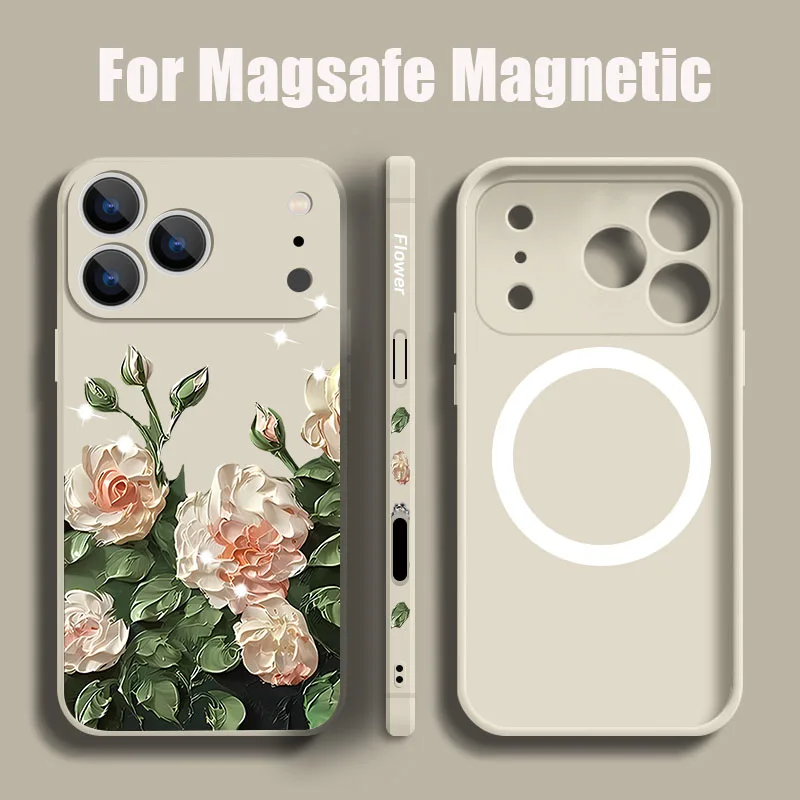 حافظة هاتف مطبوعة على شكل زهرة الورد لهاتف آيفون 17 برو ماكس 16E Air 16 15 14 13 12 Pro Max 11 مغناطيسية لهاتف Magsafe غطاء حبل ناعم من البولي يوريثان #1