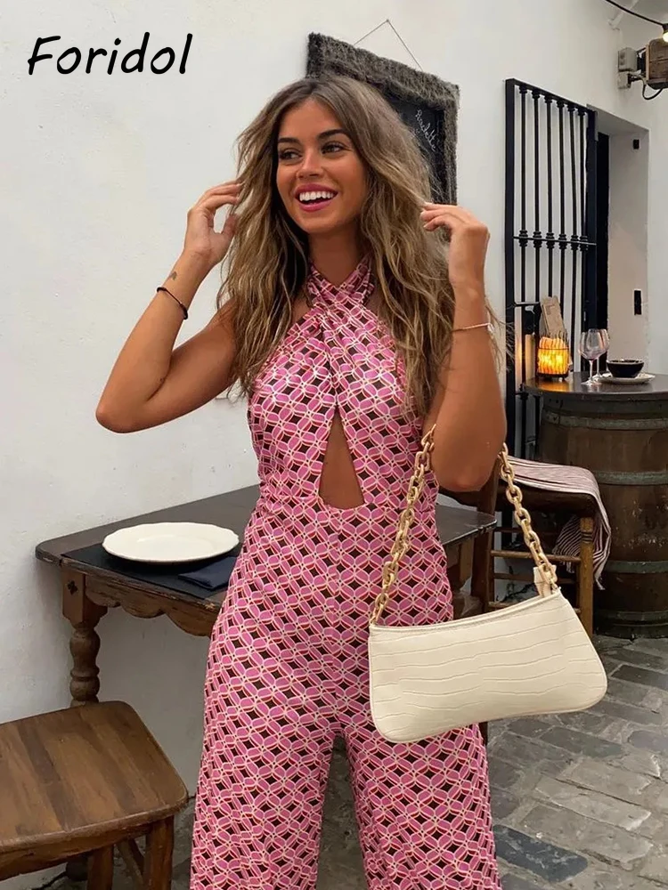 Foridol Geometric Print Summer summer Backless Jumpsuit Sleeveless Halter Wide Leg Pink Pants Overalls Front Cut Retro Jumpsuit