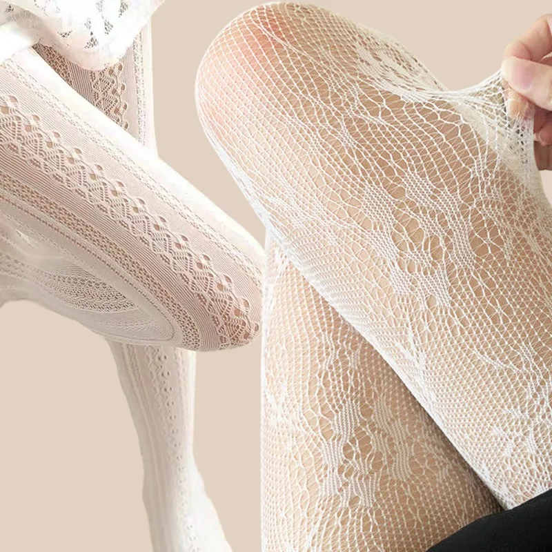 Hollow Lace Stockings Cream White Stripe High Elastic Pleated Women Spring Summer Lolita Silk Long Socks JK Leggings Tights