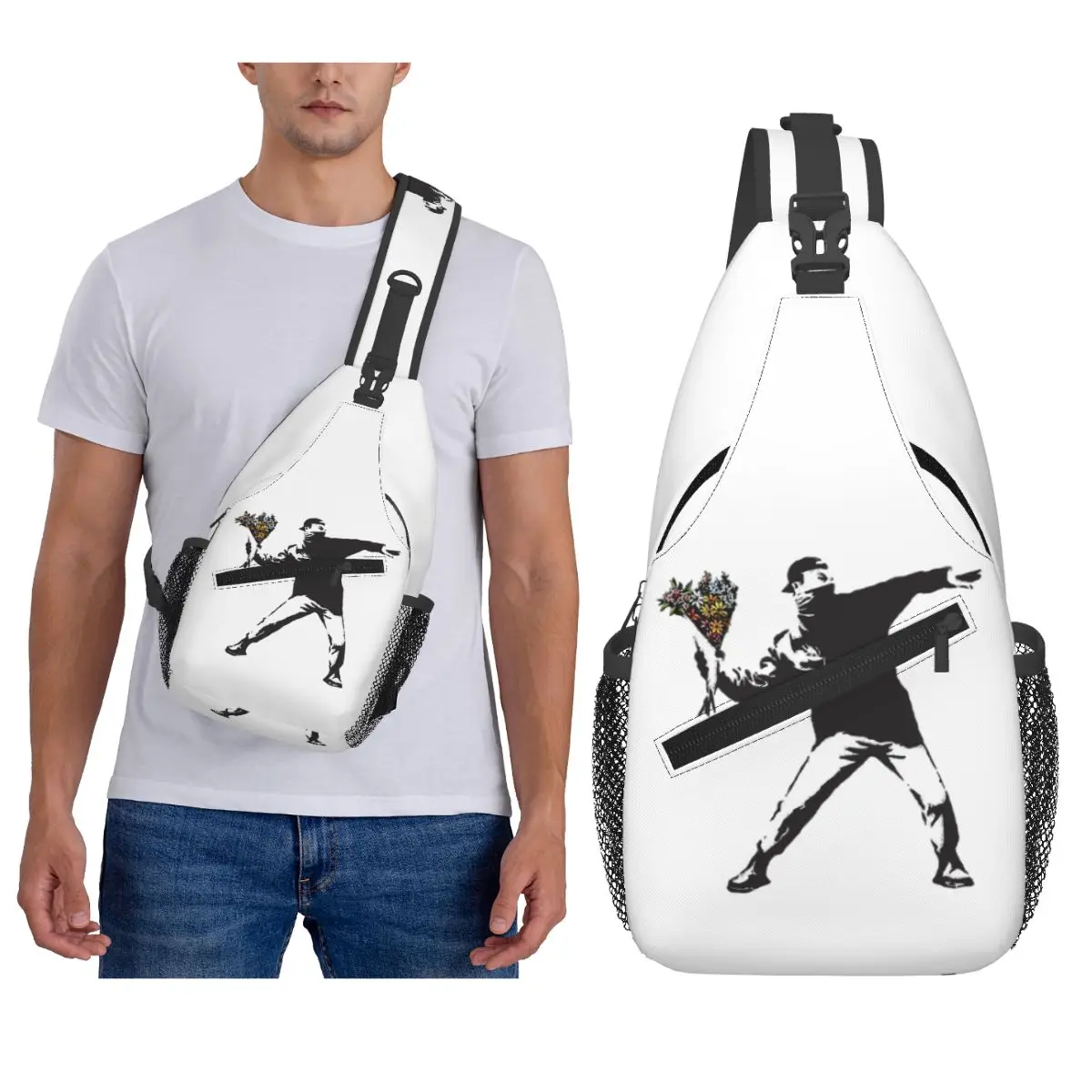 

Banksy Graffiti Protest Anarchist Throwing Flowers Thrower Chest Bag Men Sling Crossbody Backpack Chest Bag Daypack Shoulder Bag