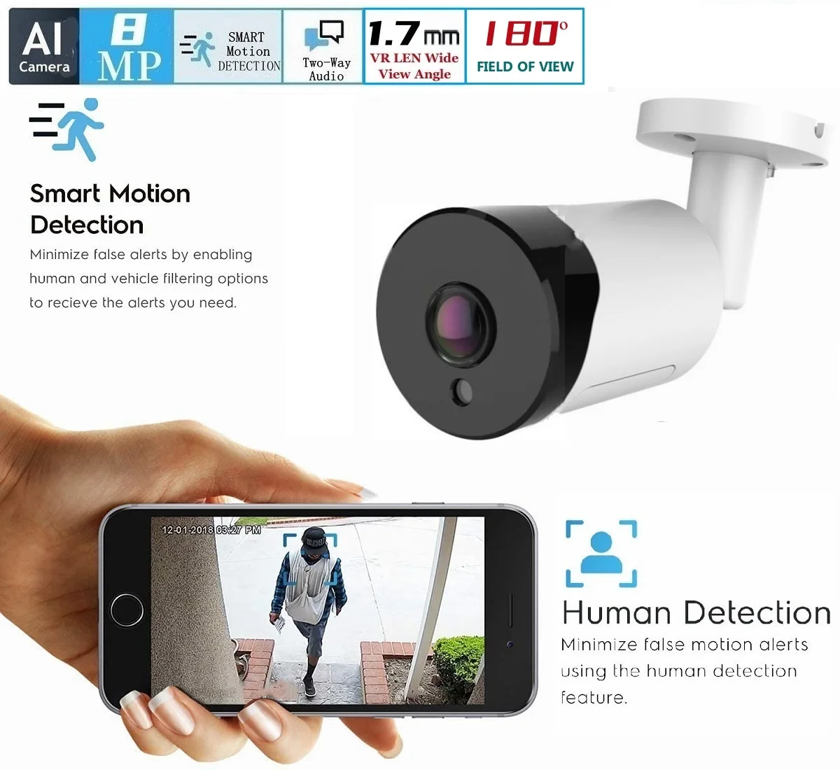 4K VR Panoramic Security Camera 180 Degree PoE IP66 Waterproof 8MP 5MP 4MP 3MP Two Way Audio Night Vision Bullet Cam