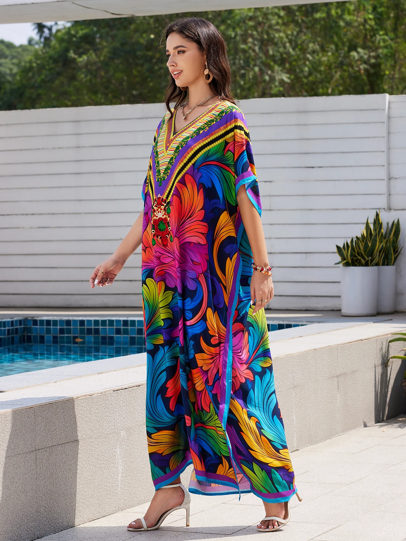 MAKABO Kaftan-jurken voor dames, V-hals Moo Moos Kleurrijke print Cover Ups Kaftan Strandjurken voor badkleding