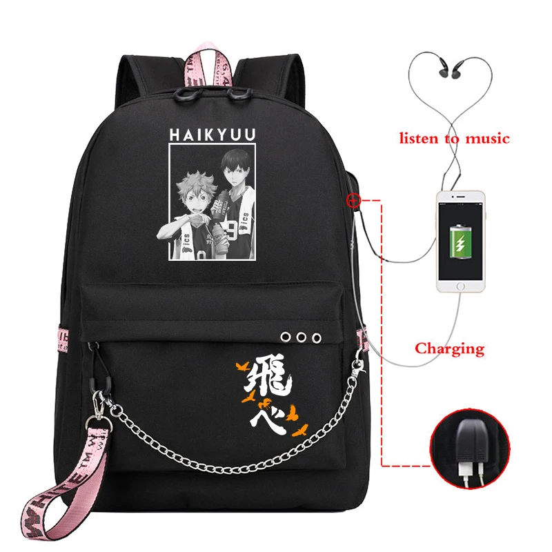 Japão anime haikyuu anime imprime studentts escola saco de carregamento usb meninas de volta à escola mochila feminina haikyuu portátil bookbag