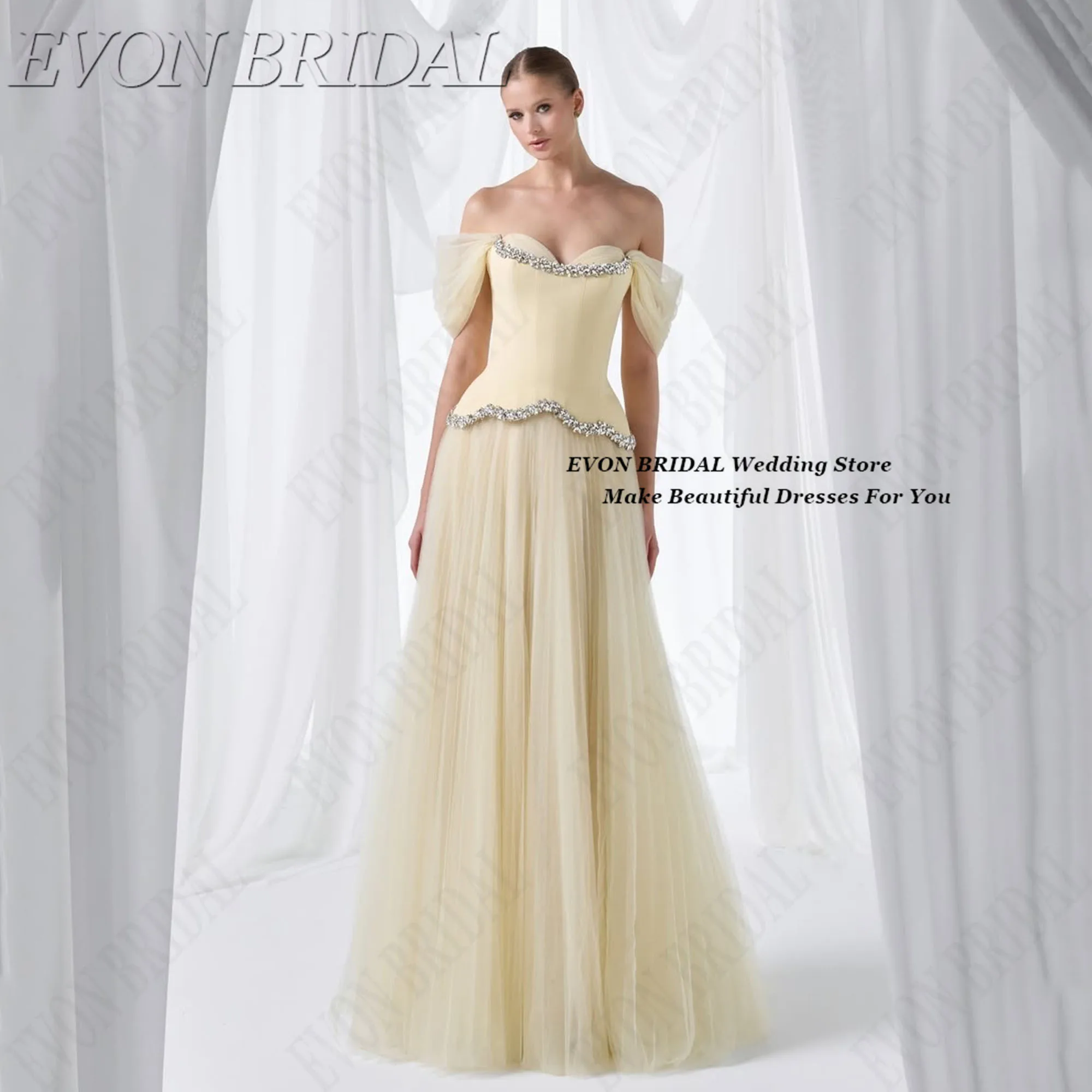 

Вечерние платья EVON BRIDAL из тюля с открытыми плечами, индивидуальный пошив, желтые, с бисерной отделкой, для выпускного вечера, плиссированные, А-силуэт, для женщин EVON BRIDAL: вечерние платья из тюля с открытыми п