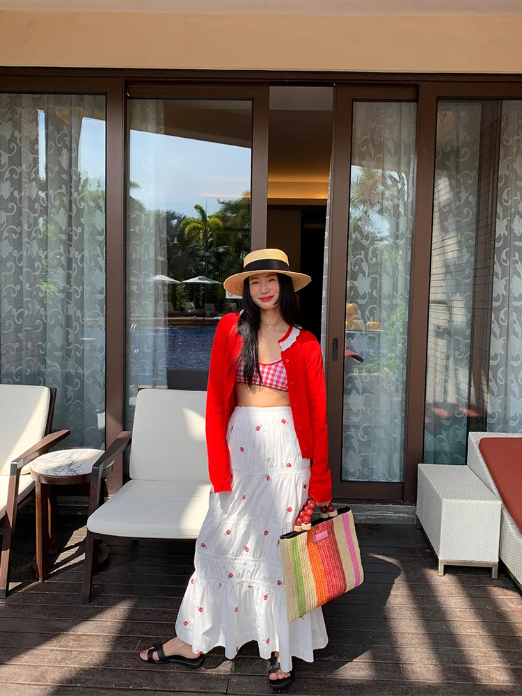 Falda  Estilo Fresco de Primavera, Falda Blanca con Bordado Floral para Mujer, Falda Midi de Cintura Alta con Pliegues de...