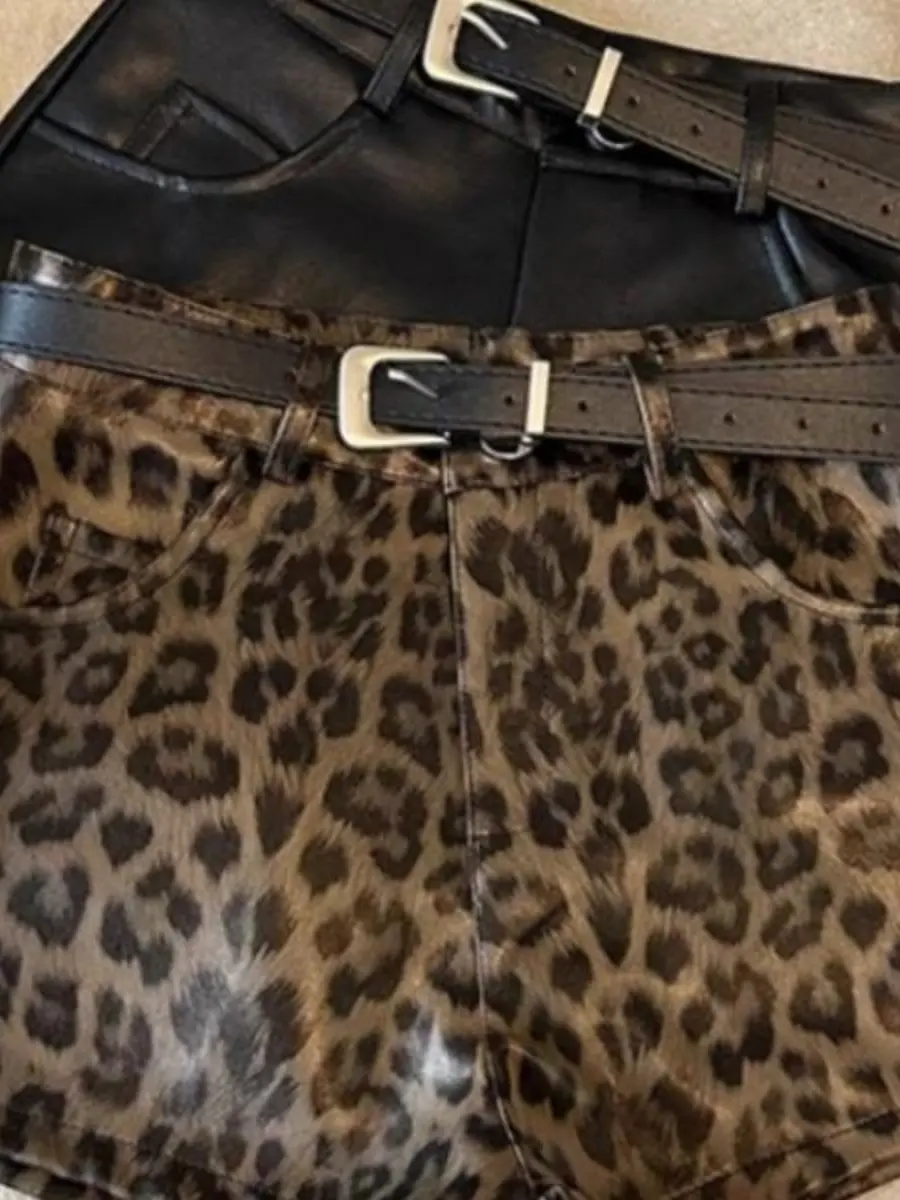 Trendy Leopard Print PU Leather Slim Fit Shorts Women's High Waist Zipper Closure Casual Pants Autumn Winter Spring Fashion