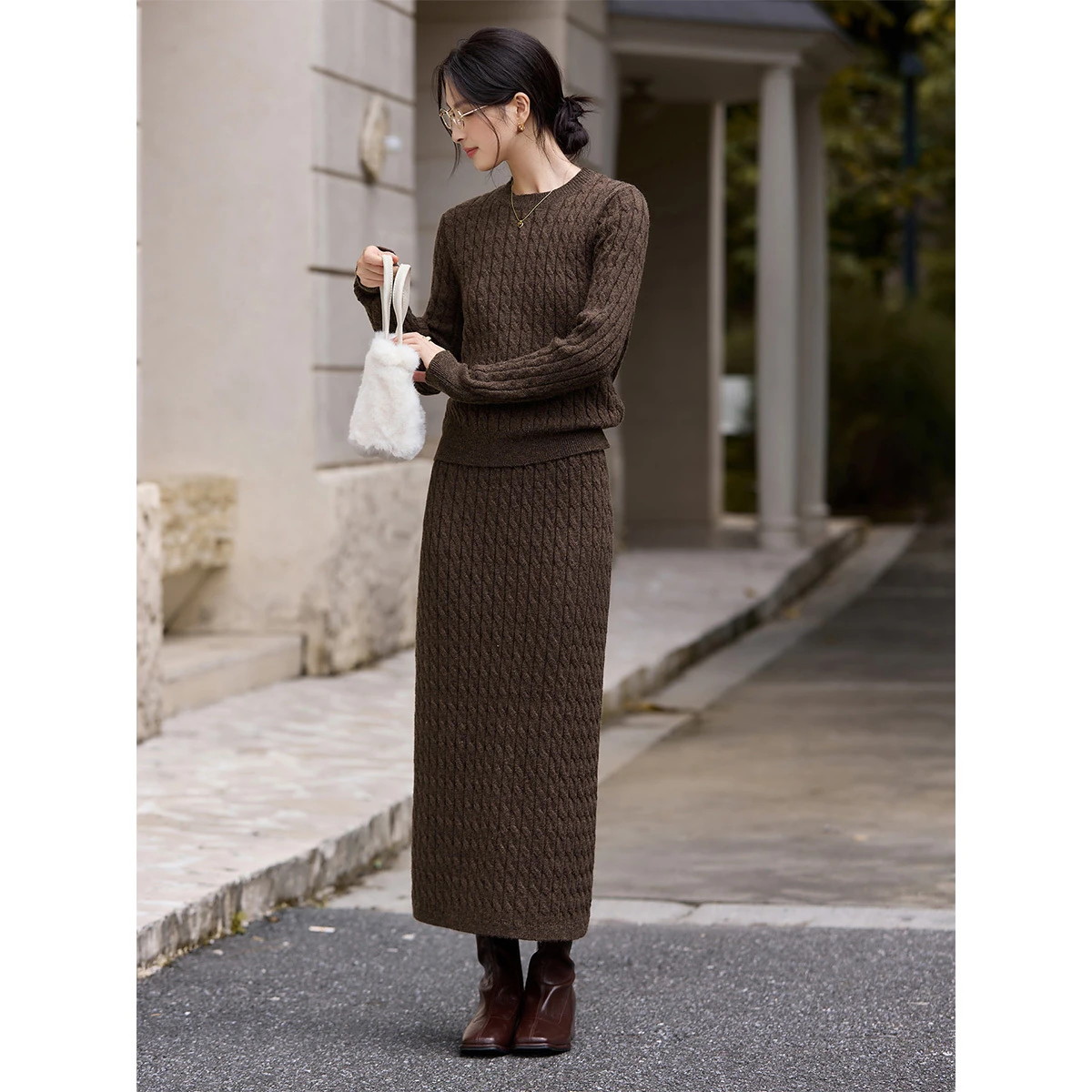VIMLY Conjunto de falda de dos piezas de punto para mujer, suéter de cuello redondo tejido por Cable, faldas largas, conjunto de falda informal, 2 piezas para mujer 75222