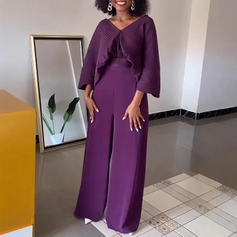 

LIBIELIY Fashion Solid Loose Pleated Commuter 2Pc Outfit Sexy V-neck Bat Sleeve Top & Long Pant Set Office Lady Casual Wide Leg