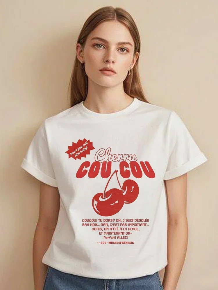 Coucou Cherry Delicous Graphic T-Shirts Cute Loose Short Sleeve Tees Cotton Women Retro Boho T Shirt Female Clothing Gifts